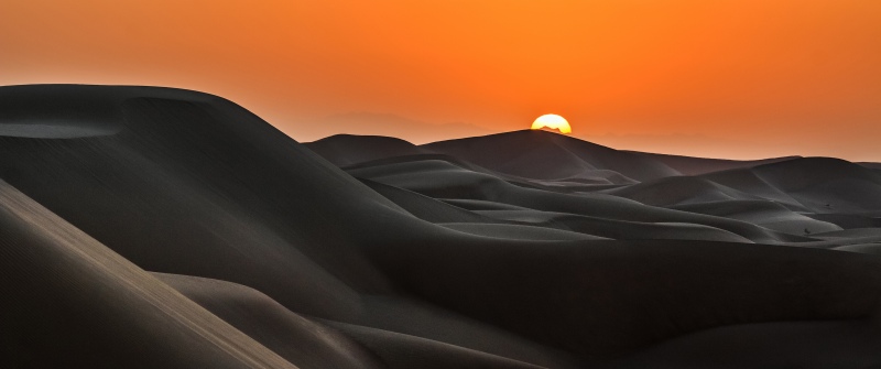 Sunrise, Desert, Sand Dunes, Golden hour, Orange sky, Serene, Warm, Wilderness, Horizon, 5K