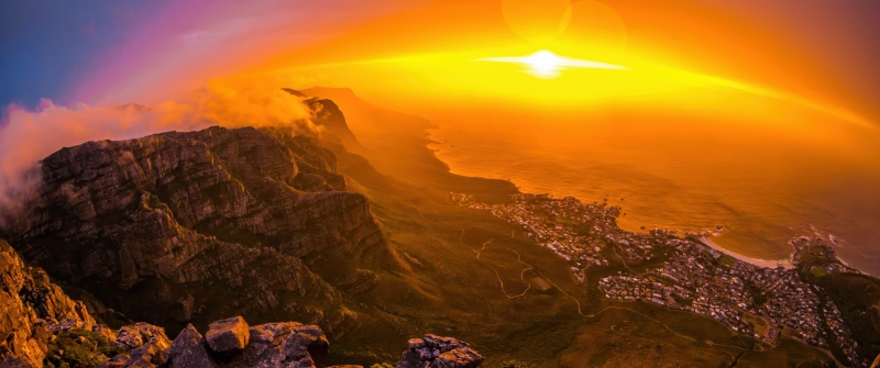 Table Mountain, Sunset, Cape Town, Golden hour, Scenic Spot, Cliff, Horizon, Dramatic, South Africa, 5K, Aerial Photography, Aerial view