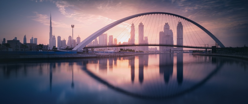 Tolerance Bridge, Dubai, Modern architecture, Dubai City Skyline, United Arab Emirates, Urban, Sunset, Cityscape, Waterfront, Symmetry, Iconic, Skyscrapers, 5K