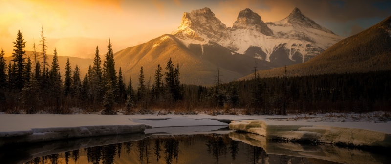 Three Sisters Mountains, Oregon, Snow covered, Wilderness, Golden hour, Sunset, Serene, Winter Mountains, Mountain Peaks, Dramatic, 5K