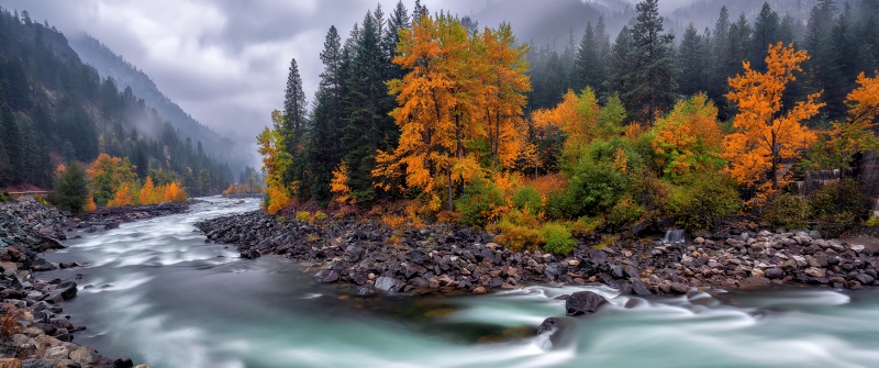 Autumn, River Stream, Flowing Water, Autumn foliage, Misty mountains, Rocky shore, Long exposure, Serene, Cloudy Sky, Autumn Scenery, Autumn season, 5K