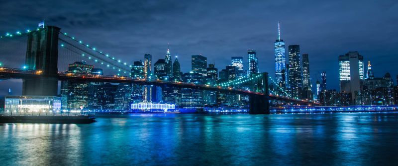 Brooklyn Bridge, Manhattan Skyline, Waterfront, New York, Cityscape, Blue, Night life, Body of Water, Clear sky, Modern architecture, 5K