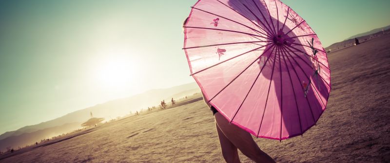 Pink Umbrella, Girl, Sunrise, Shadow, Clear sky, Blue
