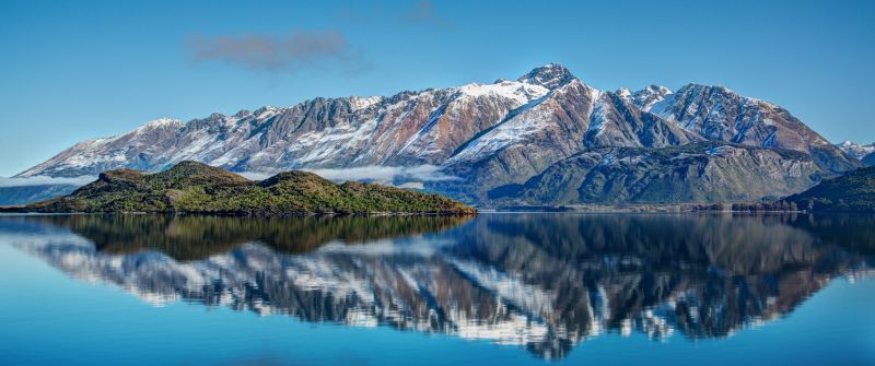 Snow mountains, Lake, Reflection, Water, Blue Sky, Landscape, Clouds