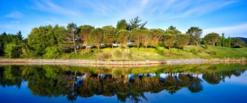 Green Trees, Blue Sky, Golf course, Pond, Water, Reflection, Green, Landscape, 5K, 8K
