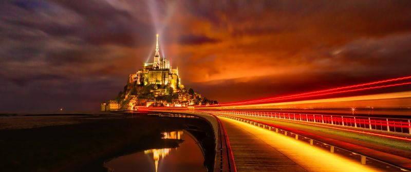 Mont Saint-Michel, France, Cathedral, Monastery, Church, Night time, Light Streaks, Island, Orange, Red, 5K