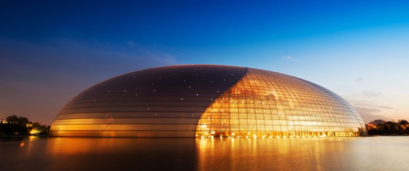 National Centre for the Performing Arts, China, Modern architecture, Blue Sky, Clear sky, Evening, Lights, Orange, 5K