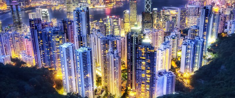 Hong Kong City, Metropolis, Aerial view, Night lights, Cityscape, Sunset, Skyscrapers, Vibrant, Clouds, River