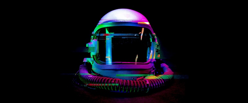 Astronaut helmet, Glitch art, Cyberpunk, Distortion, Futuristic, Holographic, Dark aesthetic, Dark background, 5K, 8K