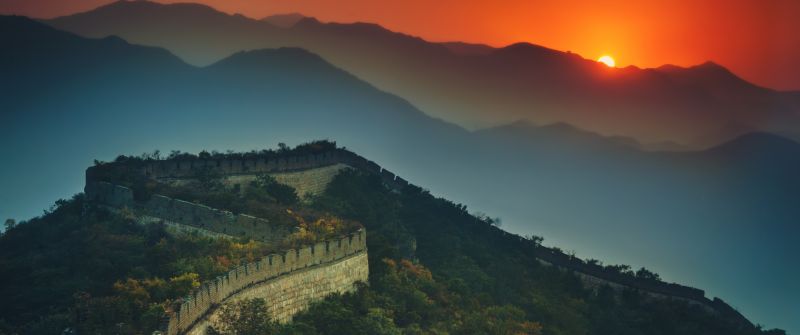 Great Wall of China, Sunset, Orange sky, Mountains, Beijing, Green Trees, Aerial view, 5K