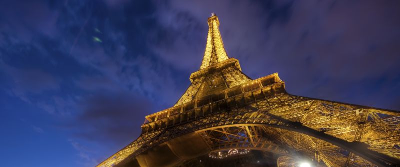 Eiffel Tower, Night lights, Paris, Lights, Sky view, Clouds, Iconic, Metal structure, 5K, France