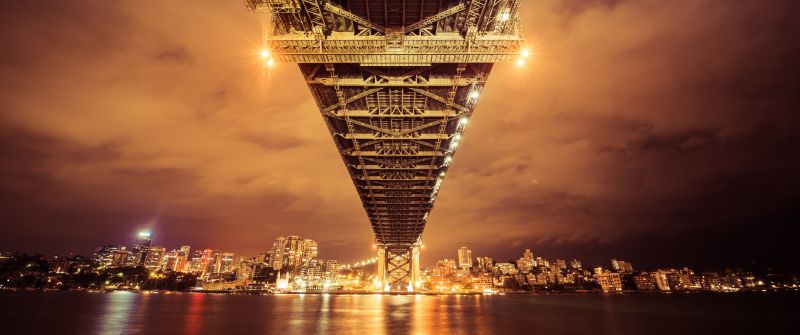 Sydney Harbour Bridge, Illuminated, Australia, Cityscape, River, Reflection, Nightscape, Sky view, Orange, Bright, City lights, 5K, 8K