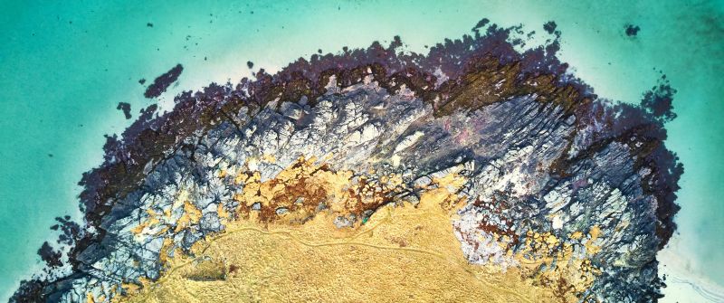 Ytresand beach, Aerial view, Coastline, Rocks, Seashore, Ocean blue, Island