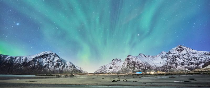 Aurora Borealis, Snow mountains, Glacier, Landscape, Blue Sky, Lofoten islands, Norway, Stars, 5K