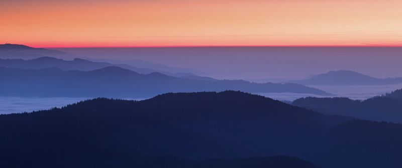 Sunset Orange, Sky view, Mountains, Foggy, Mountain range, 5K