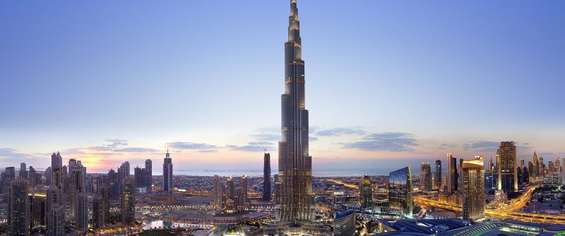Burj Khalifa, Panorama, Dubai, Cityscape, Skyscrapers, Dusk, Sunset, Aerial view, City lights, Modern architecture