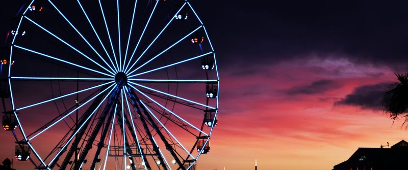 Ferris wheel, Silhouette, Sunset, Neon Lights, Amusement park, Purple sky, Dark background, 5K, Dark aesthetic