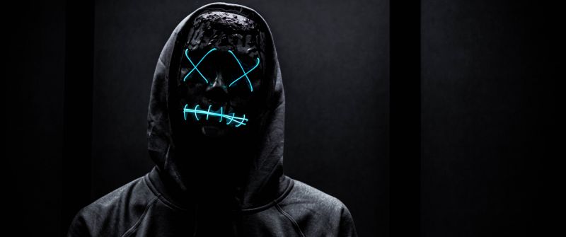 Neon Mask, Man in Black, Dark background, Hoodie, Blue light, 5K