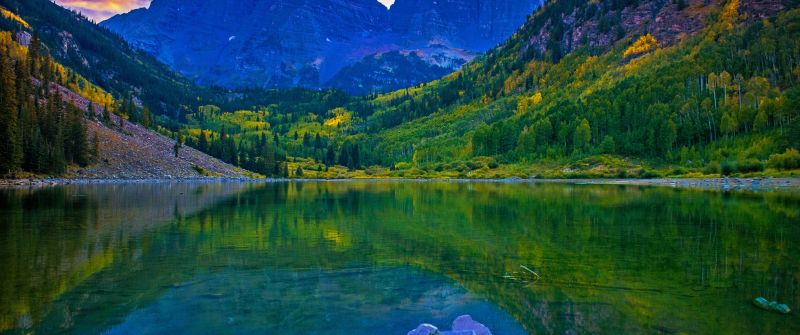 Rocky Mountains, Lake, Green Trees, Reflection, Purple sky, Sunset, Beautiful, Landscape, 5K
