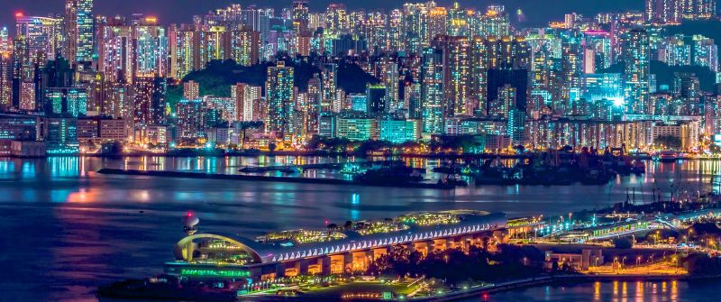 Hong Kong City, Aesthetic, Cityscape, Nightlife, Skyscrapers, Waterfront, Reflections, River, Night time, 5K