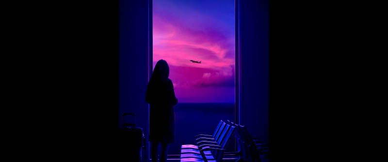 Lonely, Travel, Twilight, Silhouette, Journey, Night sky, Dreamy, Vivid, Purple aesthetic, Plane, 5K, AMOLED, Dark aesthetic, Black background