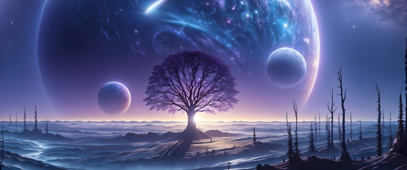 Alien planet, Scenery, Cosmic, Interstellar, Surreal, Outer space, Dreamy, Majestic, Celestial, Purple aesthetic, 5K, Lone tree