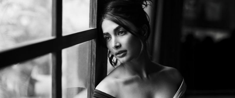 Pooja Hegde, Black and White, Indian actress, 5K, Monochrome