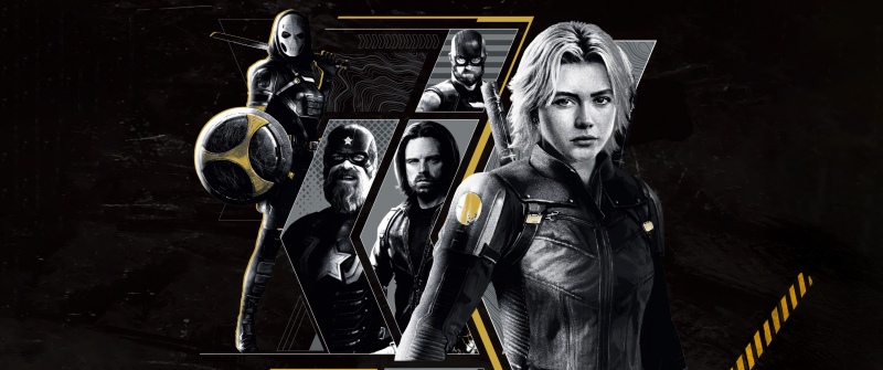 Thunderbolts, Monochrome, Dark theme, 2025 Movies, Black Widow, Bucky Barnes, Taskmaster, Red Guardian, Marvel Superheroes, Florence Pugh, Yelena Belova, 5K