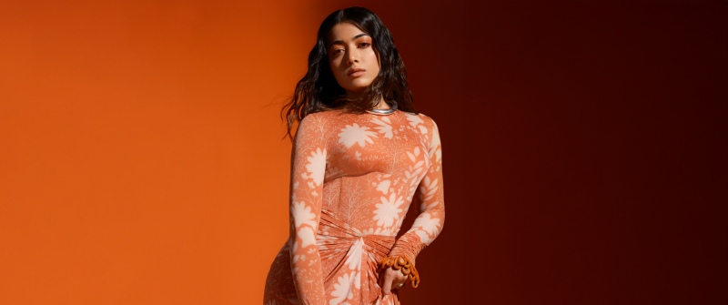 Rashmika Mandanna, Orange aesthetic, Indian actress, Orange background