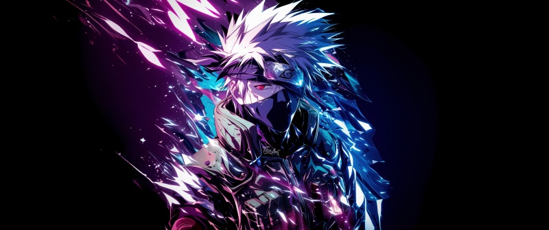 Kakashi Hatake, Vibrant, AI art, Naruto, Neon glow, 5K, Black background, AMOLED, Sharingan eye