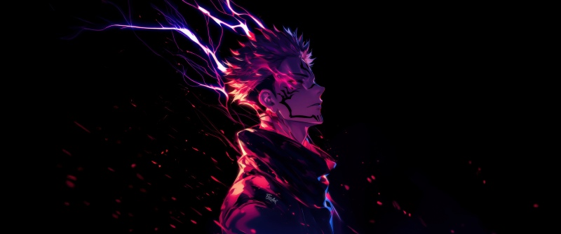 Sukuna, Electric, Jujutsu Kaisen, Neon pink, AMOLED, Black background, Neon glow