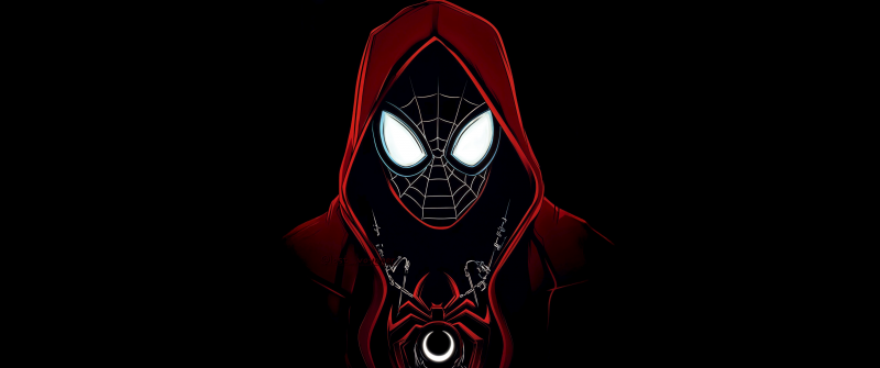 Miles Morales, Red Hoodie, Spider-Verse, Neon, Dark aesthetic, 5K, Black background, AMOLED