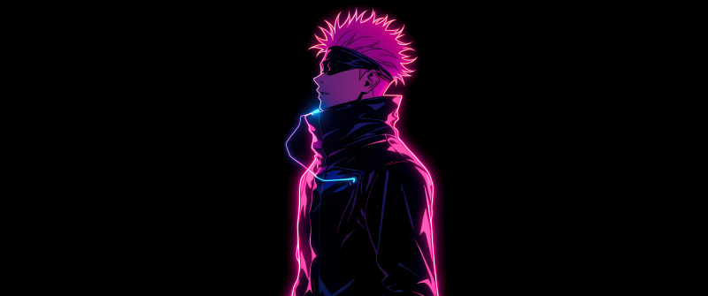 Satoru Gojo, Neon pink, AMOLED, Black background, 5K, Neon glow, Jujutsu Kaisen, Pink aesthetic