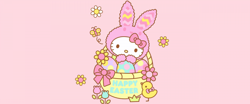 Hello Kitty, Easter bunny, Happy Easter, Pink background, 5K