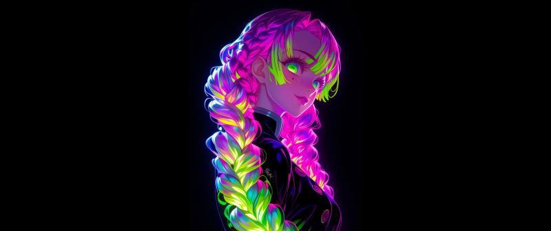 Mitsuri Kanroji, Neon art, Demon Slayer: Kimetsu no Yaiba, Black background, AMOLED