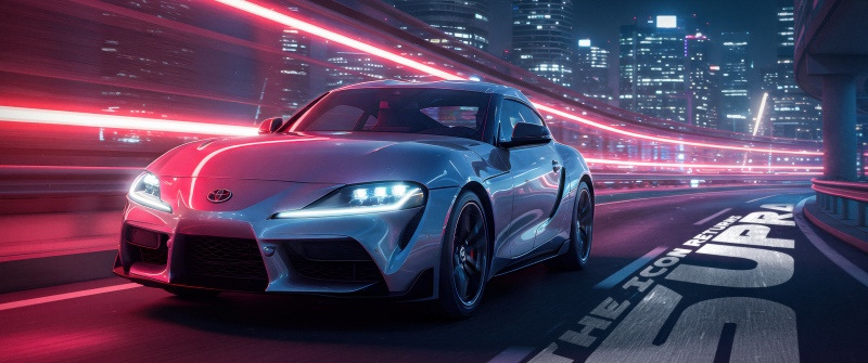 Toyota Supra GT, Neon, Neon Lights, 5K, City night, Long exposure