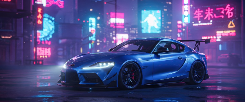 Toyota GR Supra, City street, Neon Lights, 5K, Reflections