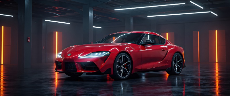 Toyota GR Supra, Red aesthetic, Neon Lights, 5K, Reflections