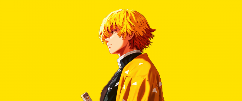 Zenitsu Agatsuma, Yellow aesthetic, 5K, Demon Slayer: Kimetsu no Yaiba, Yellow background, Katana