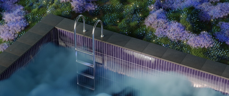 Misty, Swimming Pool, Outdoor, 5K, Green Grass, Smoke, Garden, Purple Flowers, Surrealism, Night