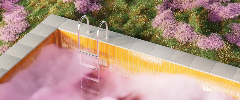 Surreal, Aesthetic pool, Purple Flowers, Outdoor, Pink aesthetic, 5K, Green Grass, Smoke