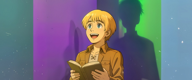 Armin Arlert, 8K, Minimalist, Attack on Titan, Reading book, Smiling, 5K, Colorful background