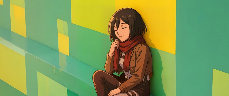 Mikasa Ackerman, 8K, Attack on Titan, Anime girl, Red scarf, Peaceful, Geometric, Yellow and green