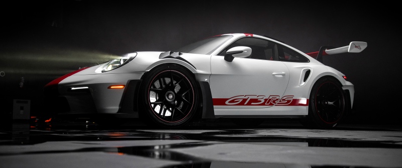 Porsche 911 GT3 RS PECTO, Dark aesthetic, Dark background, Sports cars, White cars, Reflection, Porsche 911 GT3 RS