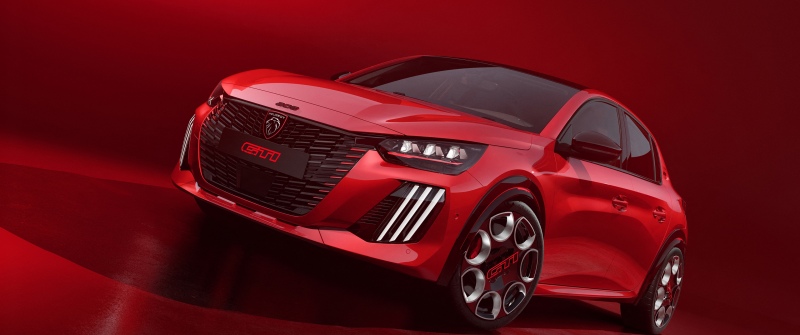 Peugeot E-208 GTi, 2025, Red cars, Red background