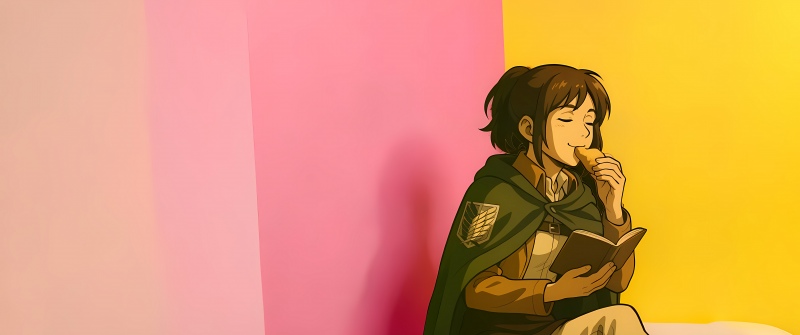 Sasha Braus, 8K, Attack on Titan, Anime girl, Eating, Reading book, Relaxing, Colorful background, 5K