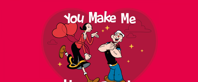 Olive Oyl, Popeye, Love couple, Valentine's Day, Heart shape, Cartoon, Red background, Red aesthetic, Red heart, 5K, Proposal