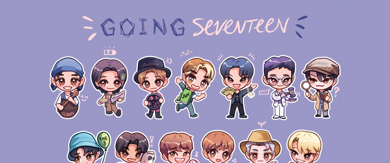 SEVENTEEN, Chibi, 5K, K-pop group, Blue background, Fan Art