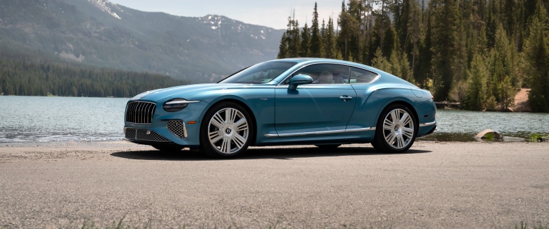 Bentley Continental GT Azure, Hybrid cars, Blue car, Mountain lake, 5K, 8K