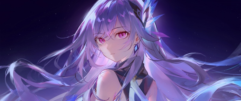 Genshin Impact, Skirk, Anime girl, Purple hair, Purple eyes, Stars, Ethereal